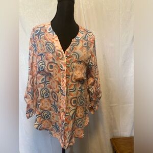 Ruby Rd. Size Small Printed Orange and Blue Button Down Blouse Roll Tab Sleeve